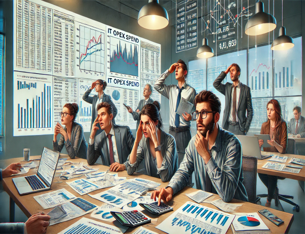 A detailed illustration of a group of finance professionals in a modern office setting, looking confused and frustrated as they analyze complex charts.